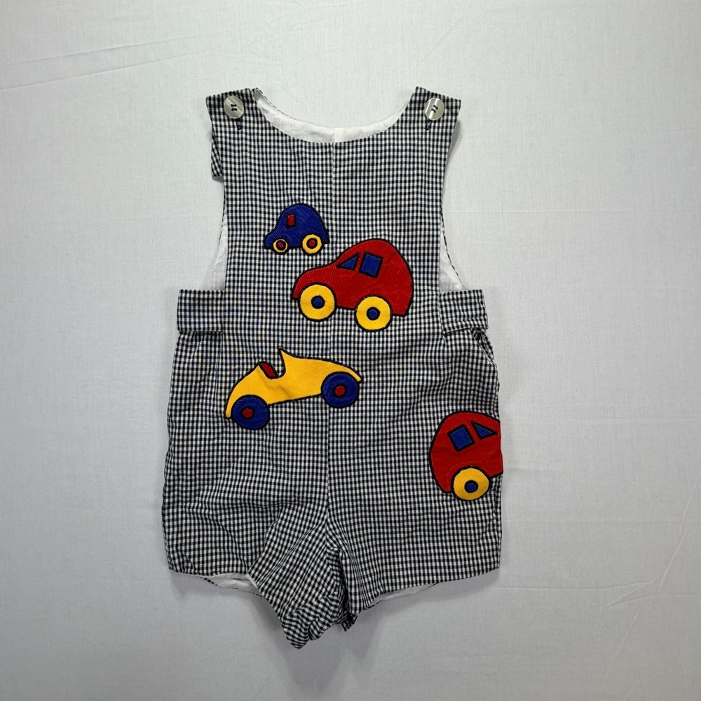 Vintage Chocolate Soup Kids Gingham Car Applique Shortall Size 4‎ Handmade USA